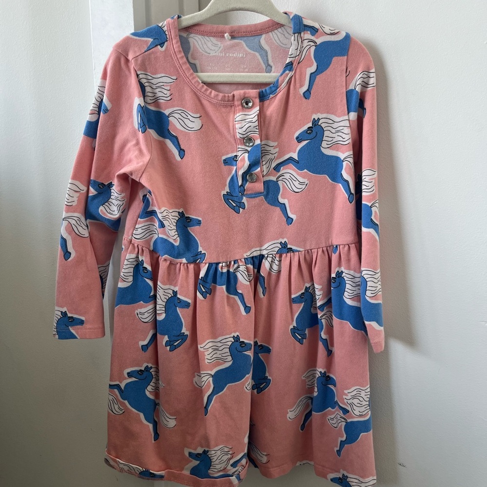 Mini Rodini Pink Blue Horse print dress sz 3-5 yr old retail $78